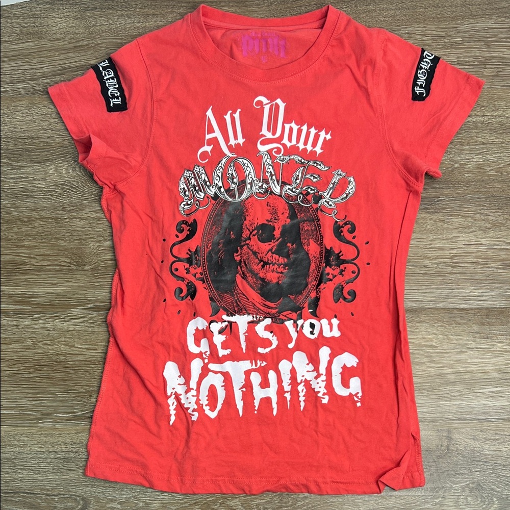 Black Label Graphic Tee Small Red Skull Gothic Y2K Grunge